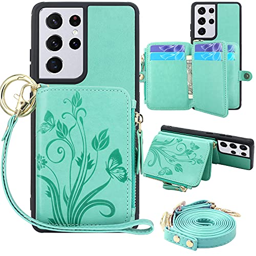 Lacass [Cards Theft Scan Protection] Crossbody Chain 8 Card Slots Holder Zipper Pocket Wallet Case PU Leather Cover Wrist Strap Loop Kickstand Carrying Pouch Bag for Samsung Galaxy S21 Ultra(Mint)