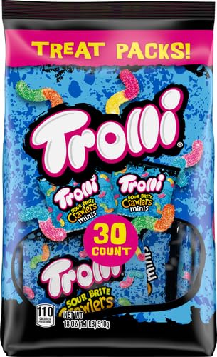Image of Trolli Mini Sour Brite Crawlers Candy, Cherry-Lemon, Strawberry-Grape & Orange-Lime, Sweet and Sour, Gummy Worms, 18 oz (30 ct), Pack of 6