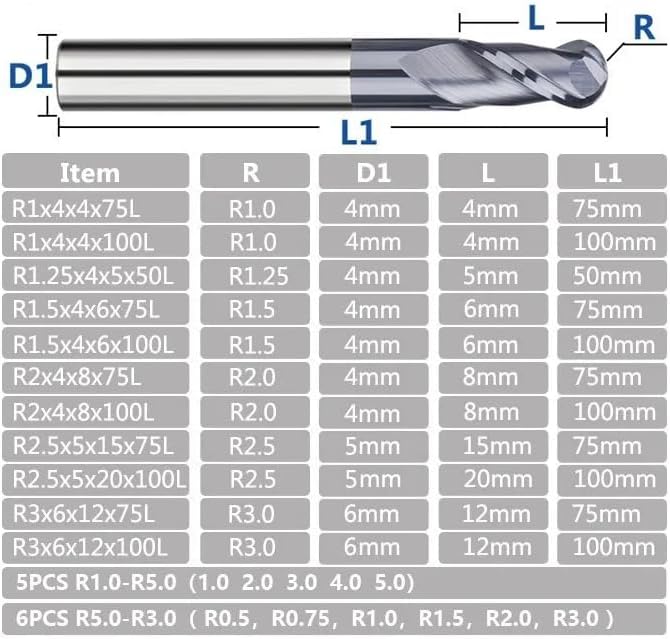 Ball Nose End Mill 2 Flute Carbide Milling Cutter CNC Machine Router Bit Milling Tools Radius Cutter,R4xD8x16x100L
