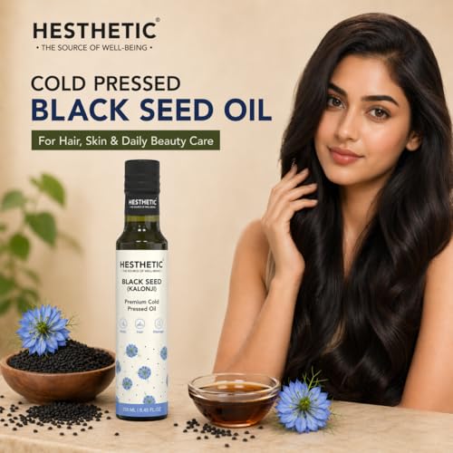 Image of HESTHETIC Cold Pressed Black Seed Oil 250ml for Hair, Skin & Scalp | Pure Kalonji (Nigella Sativa) Beauty Oil - Thymoquinone Rich | Glass Bottle | Pre-Wash Ritual & Facial Massage Use