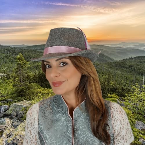 BF Souvenirs Damen Trachtenhut ROSI – grauer Fedora mit rosa-weißer Feder | Kostüm- & Partyhut für Karneval, Fasching, Oktoberfest & JGA
