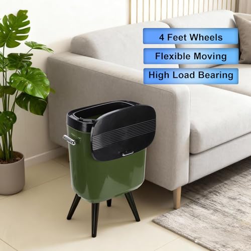 Denash Tall Trash Can with Wheels, 15L Large Capacity Narrow Garbage Can with Elevated Legs, Trash Bin for Kitchen Bathroom Living Room Office (Green) by Denash - Image 3