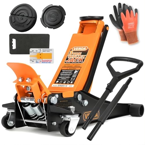 Verda Cric hydraulique rouleur 3T Profil Bas, Hauteur de Levage 75–515 mm, Double Pompe, poignée en D et pédale au Pied, graisseur, 2 Patins en Caoutchouc,...