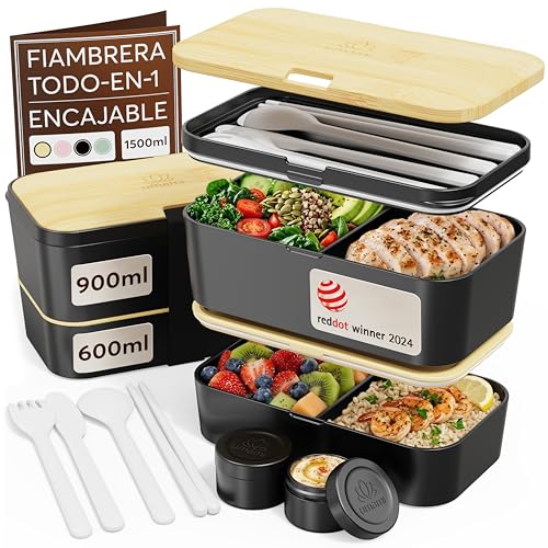 Umami Bento Fiambrera, Cubiertos y Salsera Incluidos, Antigoteo, Microondas, Fiambrera Compartimentada para Adultos, Negro Ónix Y Beige, 1500 ml