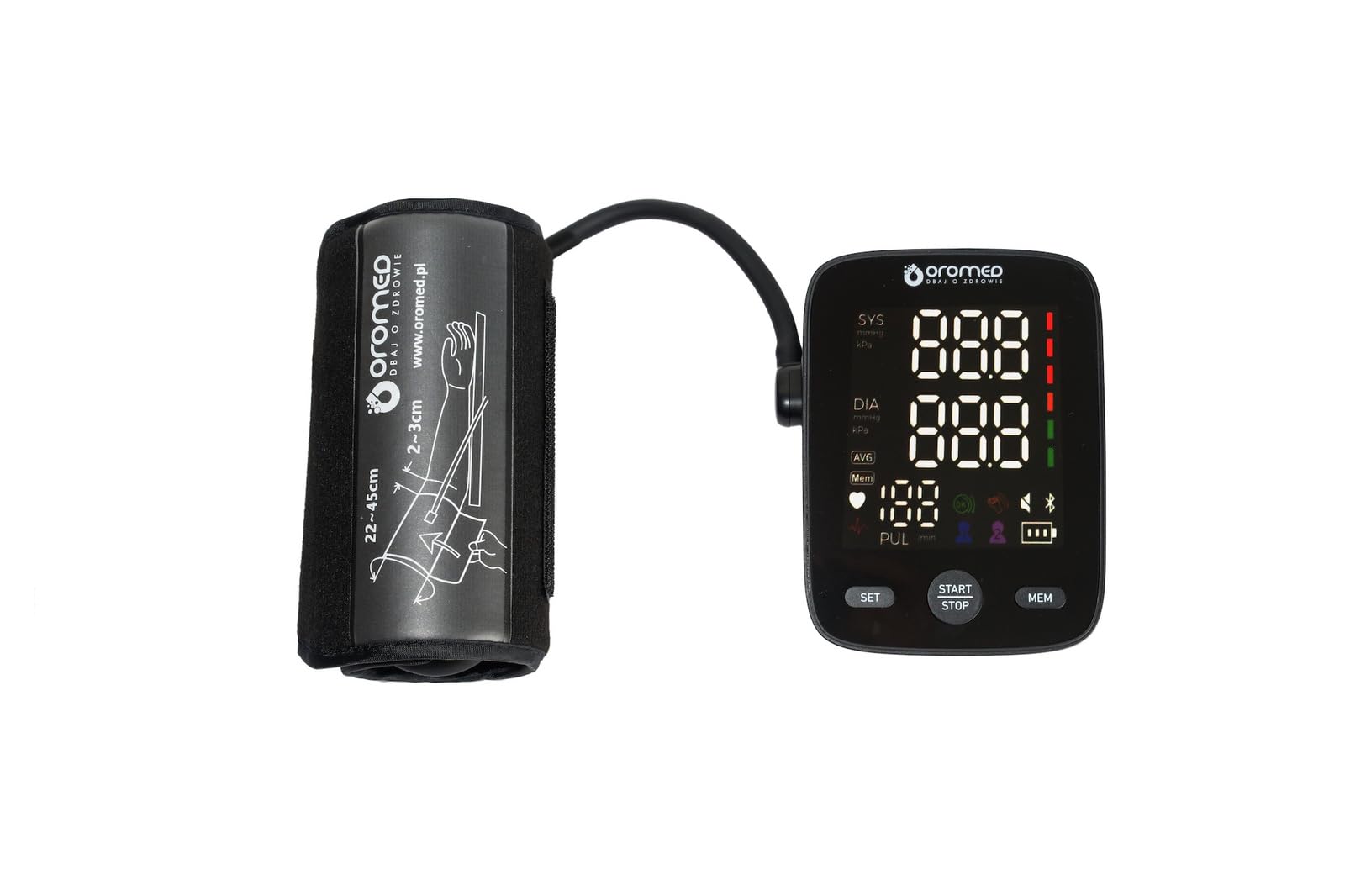 Oromed ORO-N13 - Tensiómetro digital de brazo compacto con pantalla LED, detección de arritmias, 2 x 120 ranuras de memoria, USB y batería, apagado automático