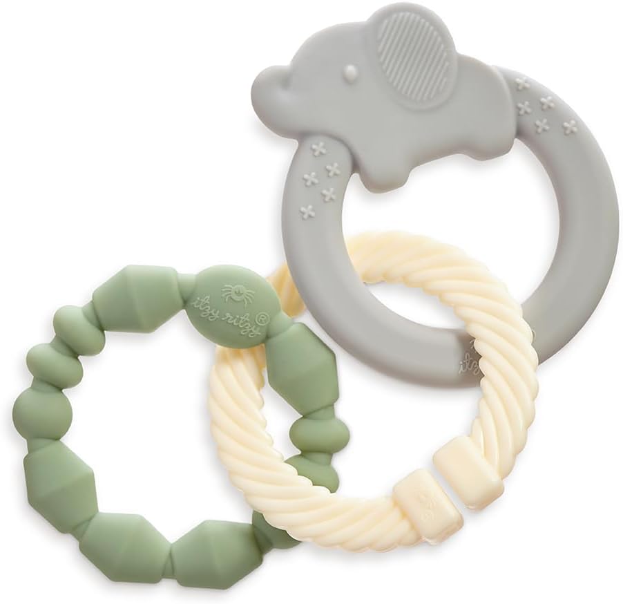 Itzy Ritzy Itzy Loops Silicone Sensory Teether – Includes 2 Soft Textured Teething Rings & 1 Link – Easy to Hold for Babies – Attaches to Stroller, Car Seat & More – BPA-Free – Elephant Design