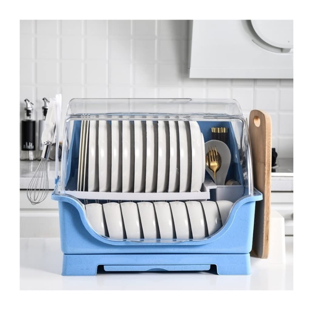 GOOPEEG Dish Drainer,Dish Rack Kitchen Dish Rack Tableware Bowl Chopstick Storage Box Plastic Household Drainer Large Lid Double Layer Container Easy Dish Organization(Blue)