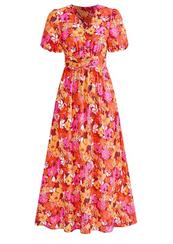 Image of PRETTYGARDEN Womes Boho Maxi Dresses 2026 Summer Spring V Neck Puff Sleeve Empire Waist A Line Flowy Long Beach Floral Dress