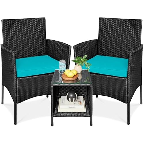 Best Choice Products 3-Piece Outdoor Wicker Conversation Bistro Set, Space Saving Patio Furniture for Garden w/Side Table - Black/Teal