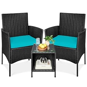 Best Choice Products 3-Piece Outdoor Wicker Conversation Bistro Set, Space Saving Patio Furniture for Garden w/Side Table – Black/Teal
