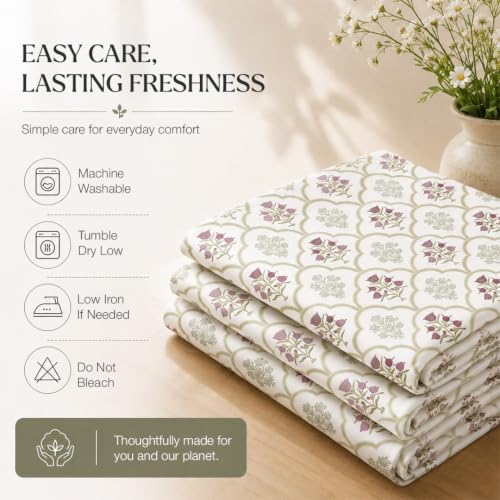 Image of HOMEMONDE 186 TC Soft Cotton Fitted Sheet Floral Printed Queen Size Elastic Fitted Bedsheet with Two Pillow Covers - (78 x 72 Inches, Spring Buds Pink) | Perfect for Home Decor & Gifting