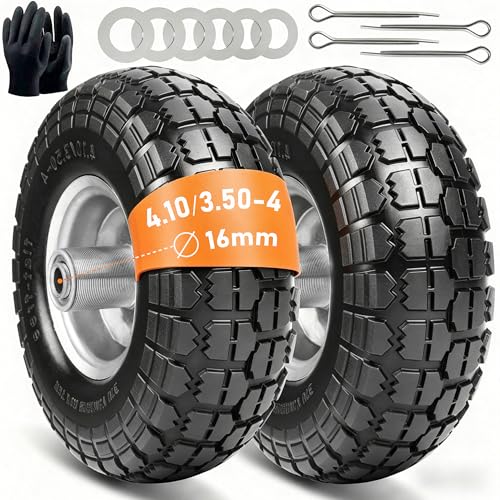 Lot de 2 roues de rechange pour diable, en caoutchouc plein, 4.10 3.50-4, 260 x 85 mm, essieu 16 mm