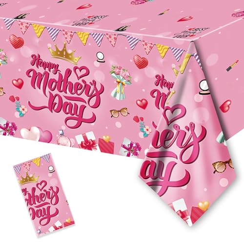 ORNACELE 1PC Mothers Day Tablecloth Disposable - 108 54 Happy Mothers Day Table Cloth Best Mom Ever Flower Heart Tablecover Plastic Rectangle Table Cover for Dinner Party Decor