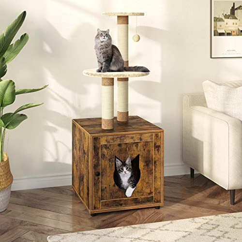Favepaw Cat Litter Box Enclosure, Cat Tree With Litter Box Enclosure, Cat Litter Box Furniture With Cat Tree Tower And Condo, Indoor Cat House With Sisal Scratching Post And Soft Plush Perch, Brown #TOP1