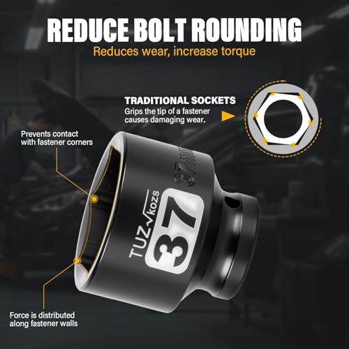 Image of 1 /2 Inch Drive 37mm Shallow Metric Impact Socket,CR-MO,6 Point Radius Corner Design,Square Chamfered Opening,Axle Nut Impact Grade Socket for Easy Removal