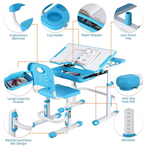 Aoou Kids Desk And Chair Set, Height Adjustable School Desk W/Tilt Desktop, Large Pull Out Drawer Storage, Multifunction Write Study Table, Ergonomic Workstation For Boys, Girls Home Schooling (Blue) #TOP3