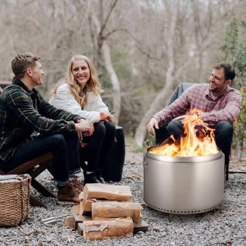 27 Inch Smokeless Fire Pit, Portable Stainless Steel Outdoor Fireplace - 360° Airflow Technology and Removable Ash Pan, Ideal for 6 or More People