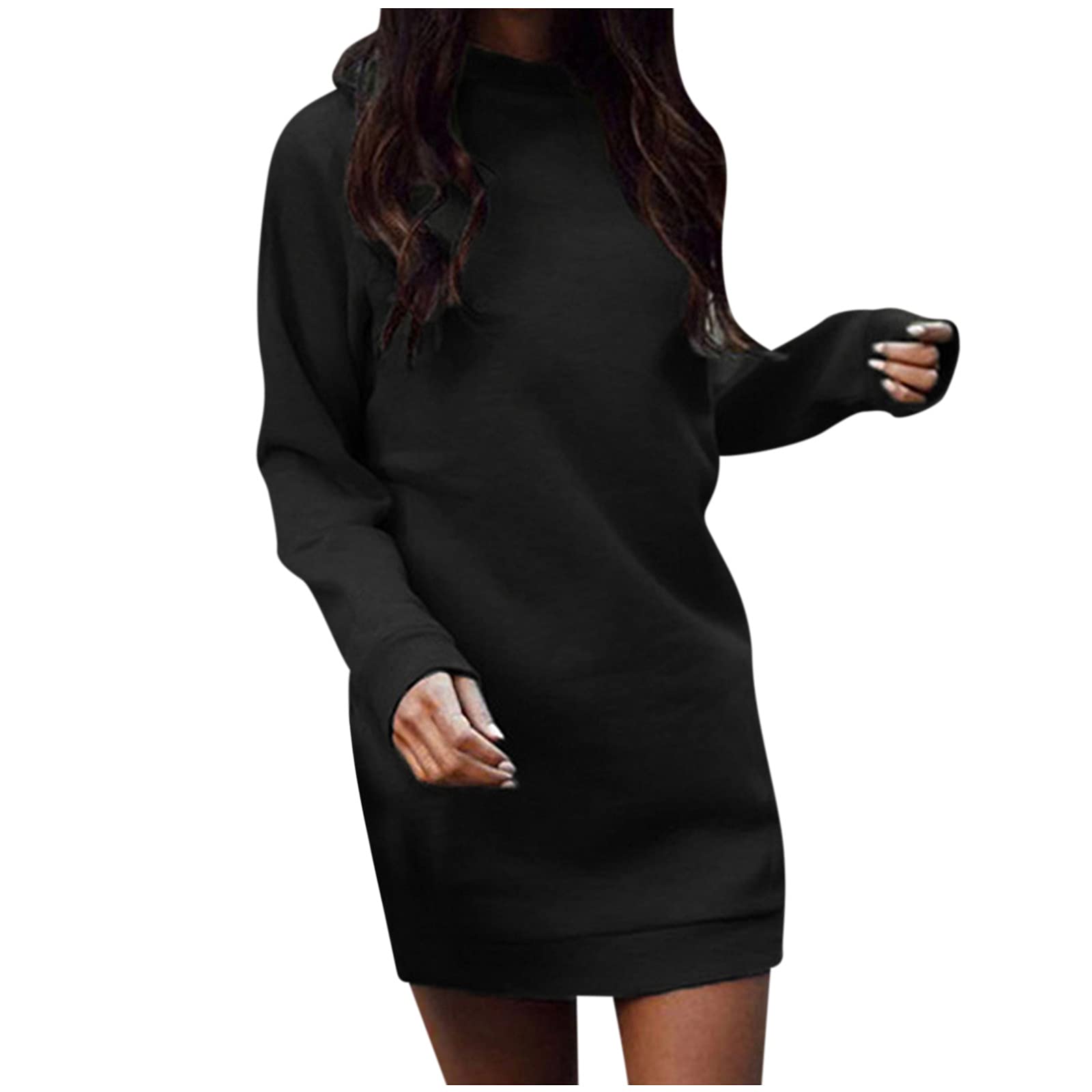 Womens Casual Dresses Fall Women's Autumn and Winter Sweater Dress Long  Sleeves Round Neck Soft Warm Elegant Dres Pockets Solid Color Dress Hi Low