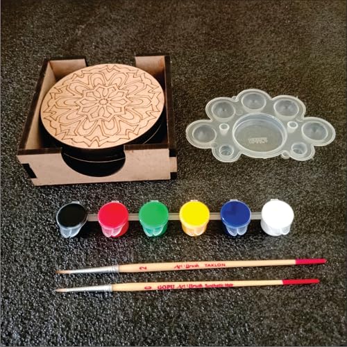 Image of PICRAZEE DIY Art & Craft Round Coaster Kit in Pine MDF | Acrylic Colors, Brushes & Palette | Ideal for Oil & Acrylic Painting, Decoupage, Lippan, Texture Art, Resin & Kids DIY Projects (M5)