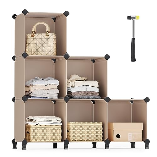 SONGMICS 6 Cube Storage Organizer, Modular Bookshelf, DIY Closet Organizers and Storage, Plastic Stackable Shelves, 11.8 x 11.8 x 11.8 Inch Cubes, with Feet and Rubber Mallet, Black ULPC06H