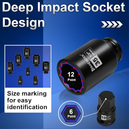 Image of 12 Point Axle Nut Socket Set 1 /2'' Drive Spindle Nut Socket Set, 8pcs Deep Impact Socket Set 14mm 17mm 19mm 30mm 32mm 34mm 35mm 36mm