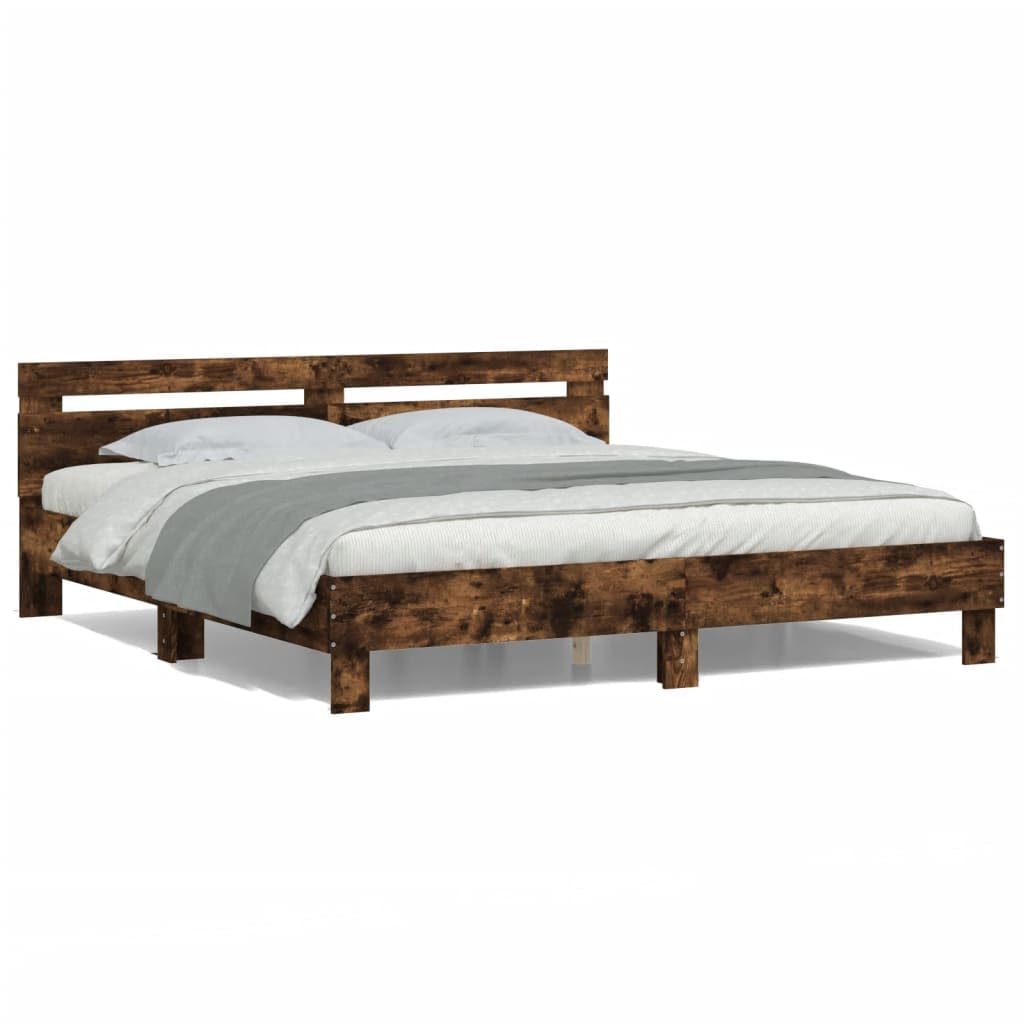 vidaXL Bed Frame with Headboard and LED, Bed Base for Bedroom Guest Room, Mattress Foundation for Double, Bedstead, Smoked Oak 160x200 cm — image 1