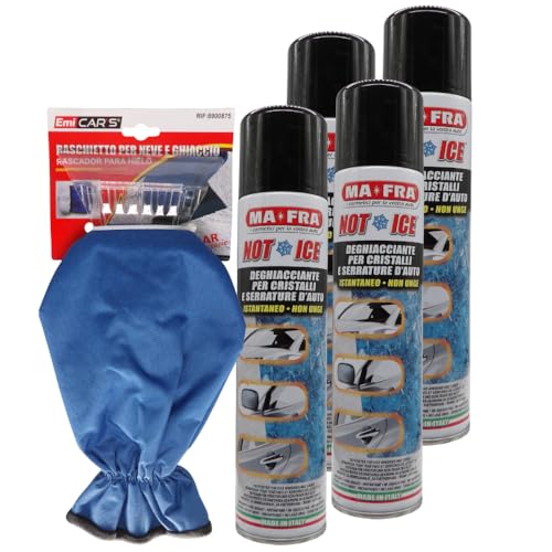 FEI FAN Set Auto: Deghiacciante Not Ice per Cristalli e Serrature D'Auto Istantaneo, Non Unge 300ml + Raschietto a Guanto per Neve e Ghiaccio (Colori Assortiti) (4xNot_Ice+Raschietto)