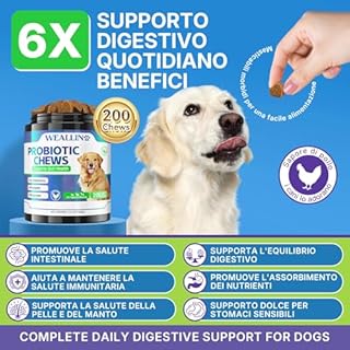 Probiotici per Cani, Prebiotici per la Salute Intestinale–Supporta la Salute Digestiva e l’Assorbimento dei Nutrienti–200 Bocconcini Morbidi che Supportano la Salute della Pelle e la Salute Generale