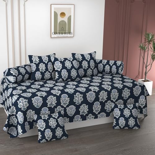 Image of COVE & HUES Cotton Diwan Set Covers |8 Pieces Diwan Cover Set|300 TC Fabric| Pure Cotton Printed Deewan Set (1 Single Bedsheet, 2 Bolster Covers, 5 Cushion Covers)|Blue Petals|KC 16