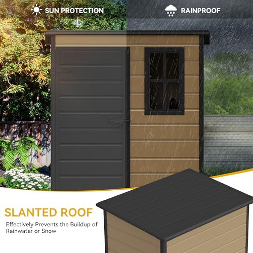 Image of DWVO 5x3 FT Outdoor Storage Shed with Floor, All-Weather Resin Storage Shed with Lockable Door & Window, Waterproof Plastic Tool Storage for Garden, Backyard, Patio, Lawn, Brown