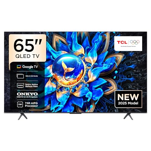 تلفزيون تي سي ال 65T8C ذكي مقاس 65 بوصة بشاشة QLED 4K ملونة بتقنية Quantum Crystal HDR 10+ للألعاب وجوجل تي في، معدل تحديث أصلي 144Hz، نظام صوت ONKYO 2.1 Hi-Fi، دولبي أتموس، DTS Virtual X، MEMC، Game