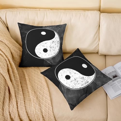 Yin Yang Chinese Tradition Gossip Pattern Black Gray Marble Pillow Covers, 18"x18" Pack of 2