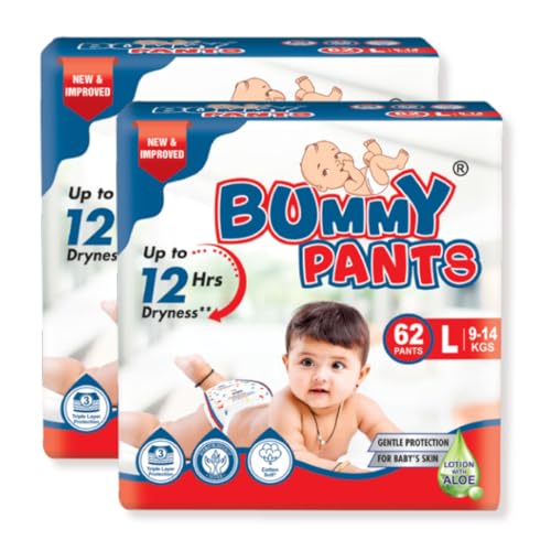 Image of BUMMY PANTS Baby Diapers - Soft & Comfortable with 5D Cross Core Technology, 360 Soft Elastic Waistband & Up to 12-Hour Absorption | L | Pack of 2 | 124 Pieces