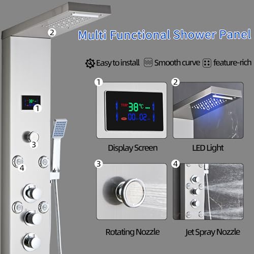 Image of LED 5-in-1 Shower Panel Tower System,Brushed Grey
