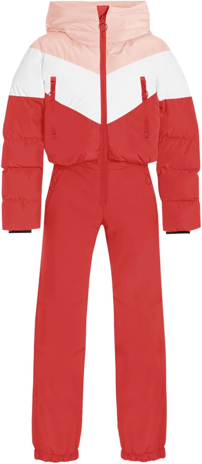 Haloumoning Girls One Piece Snowsuits Kids Puffer Waterproof Hooded Ski Suits Coveralls Winter Jumpsuits 5-14 Years