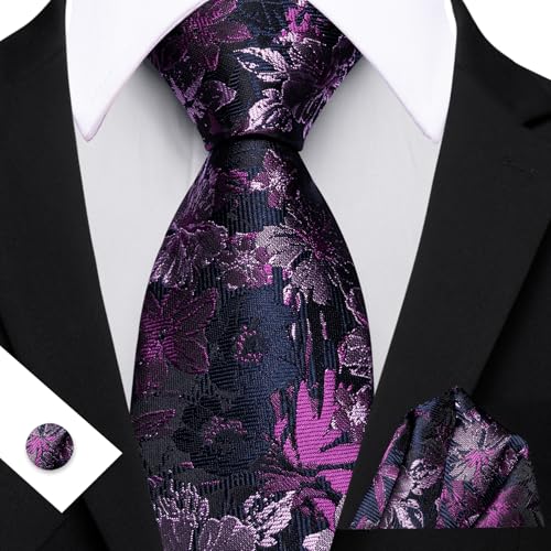 Image of Barry.Wang Flower Ties for Men Handkerchief Cufflinks Set Wedding Necktie Set Party