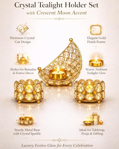Image of Homesake Crystal Tealight Candle Holder Set, Gold Metal Decorative for Decorations for Home, Festive Tabletop Home Decor and Gifting Combo Set of 1 Moon Holder & 2 Crystal Holders