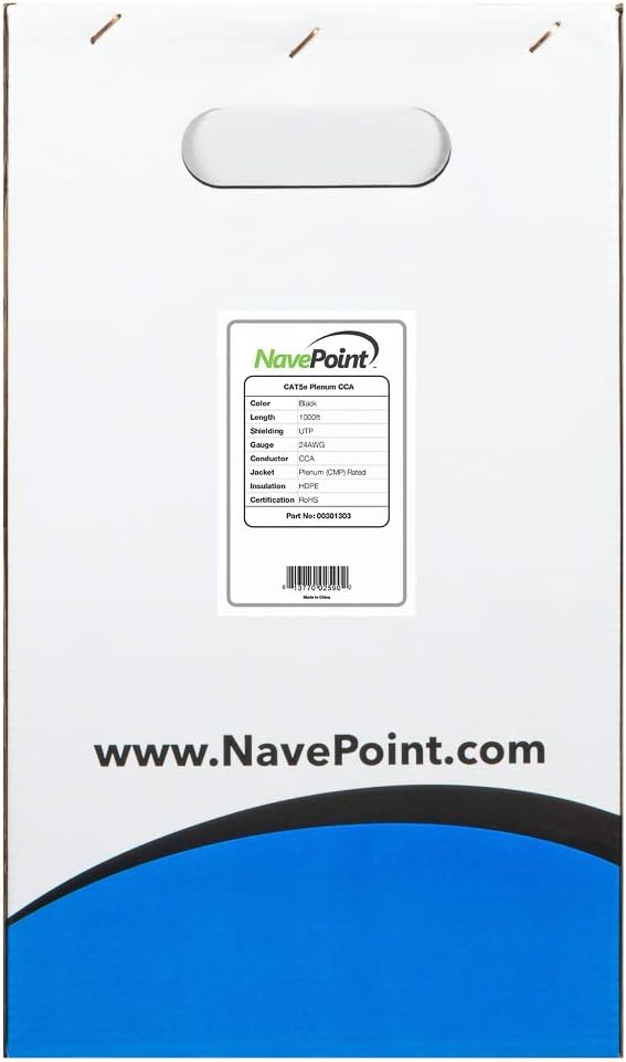 NavePoint Cat5e Plenum Jacket, 1000ft, Black, Copper Clad Aluminum Bulk Ethernet Cable, 350MHz, 24AWG 4 Pair, Unshielded Twisted Pair (UTP)