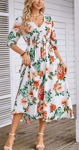 Image of Kormei Women Casual Boho V Neck 3 /4 Sleeve Smocked Waist A Line Flowy Swing Midi Dress Smocked Long Dress