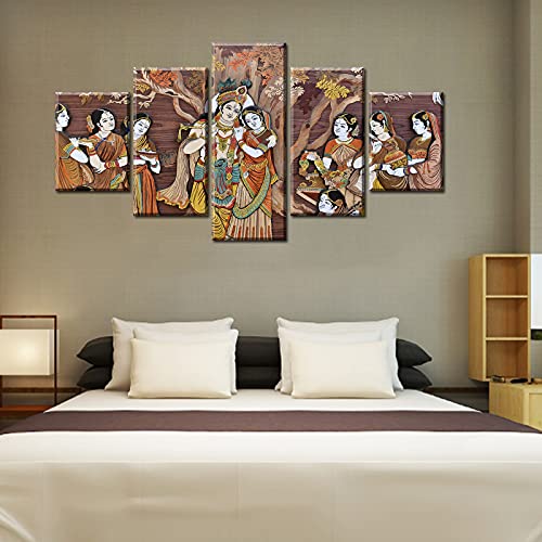 Djsylife Radha Krishna Wall Decor For Living Room Watercolor Indian God Canvas Print 5 Piece Vintage Artwork Framed 60" Wx32 H #TOP2