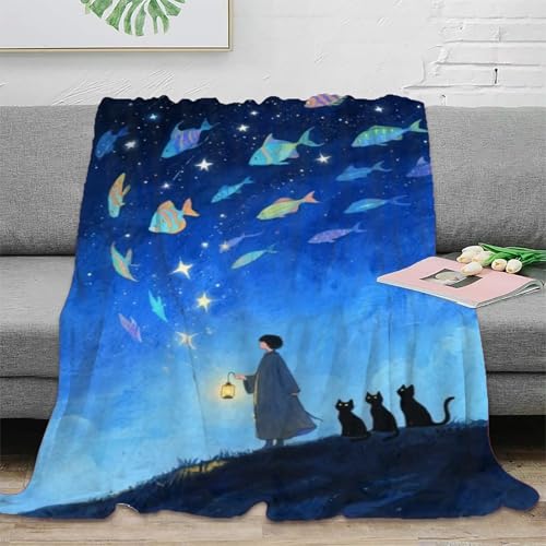 Premium Cats and Boy Tagesdecke 60x80inch(150x200cm) Extraweiche, Leichte Oil Painting Stil Blau Sommerdecke Als Kuscheldecke, Bett-Überwurf, Couch-Überwurf - Warme Sofa-Decke