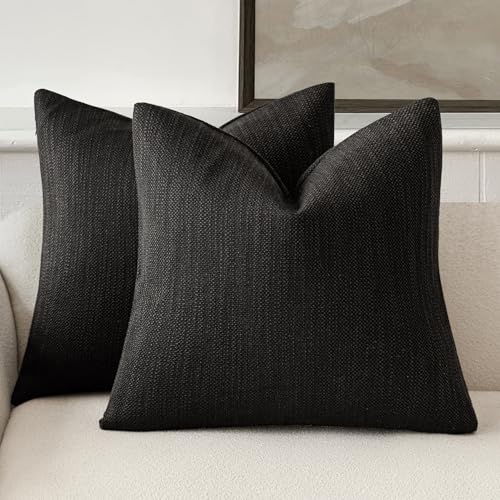 Image of Foindtower Set of 2 Decorative Textured Burlap Linen Throw Pillow Covers Farmhouse Boho Cushion Cover Solid Accent Pillowcase for Couch Sofa Bed Living Room Home Decor, 22x22 Inch,Black