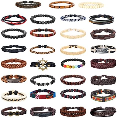 UBGICIG 31Pcs Braided Leather Bracelet for Men Women Wrap Wooden Beaded Bracelet Tribal Bracelet Cuff Multilayered Bracelets Adjustable