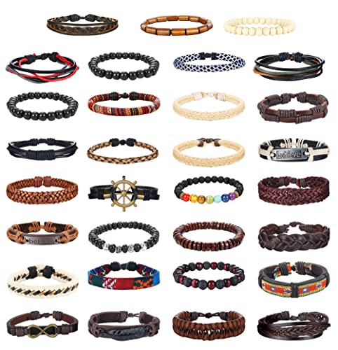 UBGICIG 31Pcs Braided Leather Bracelet for Men Women Wrap Wooden Beaded Bracelet Tribal Bracelet Cuff Multilayered Bracelets Adjustable