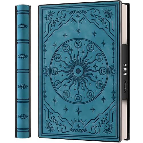 Diario A5 con candado de combinación de piel azul con grabado zodiacal