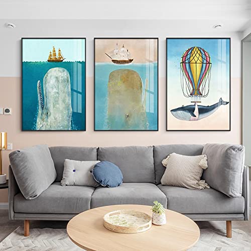 Toile baleine 70x100cm triptyque d'animaux marins style nordique sans cadre