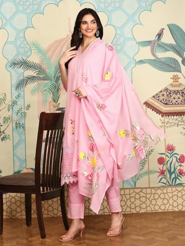 Image of ishin Pink Floral thread work V-Neck Pure Cotton Straight Kurta With Trousers & Dupatta | Kurta set for women | Kurta with trousers and dupatta
