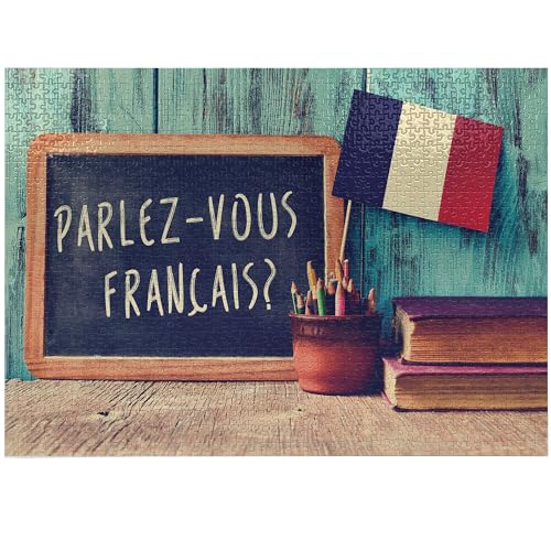 Ambesonne French Jigsaw Puzzle for Adults, Parlez-Vous Francois Lettering Language Speaking Flag of France Rustic Scenario, Heirloom-Quality Fun Activity Durable Cardboard, 1000 pcs, Multicolor
