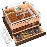 VALLUME Acrylic Humidor Box,High-Definition Transparent Cigar Case,Lock Latches and 90-Degree Opening Hinges Cigar Box,Cigar Accessory Drawer,Digital Hygrometer and Humidifier,Holds About 50-60 cigars