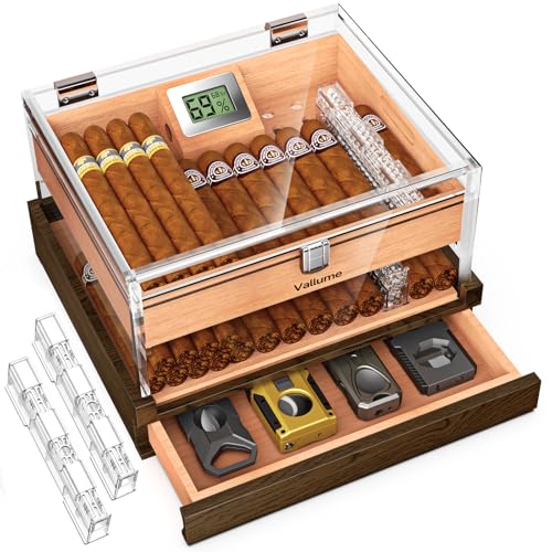 VALLUME Acrylic Humidor Box High-Definition Transparent Cigar Case Lock Latches and 90-Degree Opening Hinges Cigar Box Cigar Accessory Drawer Digital Hygrometer and Humidifier Holds About 50-60 cigars
